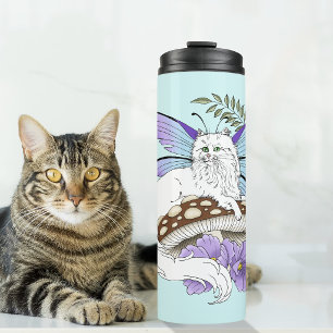 Sprookjesachtige Witte Fee Kat Blauwe Paddenstoel  Thermosbeker
