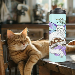 Sprookjesachtige Witte Fee Kat Blauwe Paddenstoel Thermosbeker