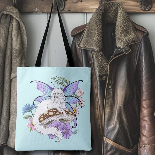 Sprookjesachtige Witte Fee Kat Blauwe Paddenstoel Tote Bag