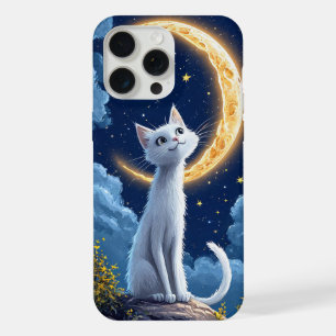 Sprookjesachtige Witte Kat die een Glanzende Maan  iPhone 15 Pro Max Case