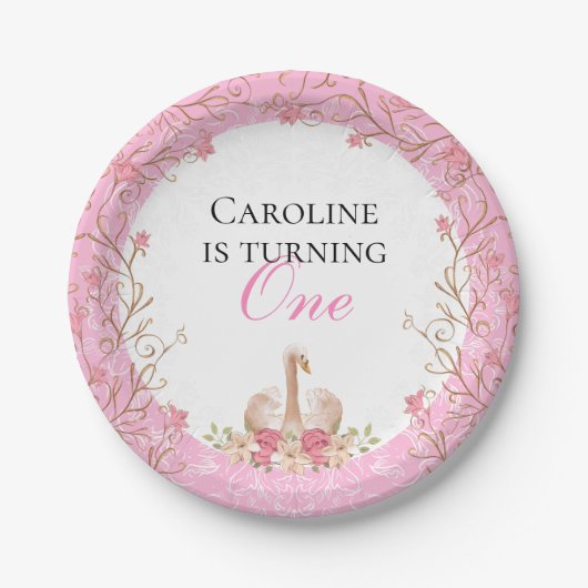 Sprookjesachtige Zwaan Roze Bloemen Verjaardagsfee Papieren Bordje (Voorkant)