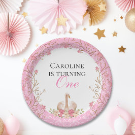 Sprookjesachtige Zwaan Roze Bloemen Verjaardagsfee Papieren Bordje