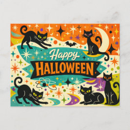 Sprookjesachtige Zwarte Kat Atomtijdperk Halloween Feestdagenkaart