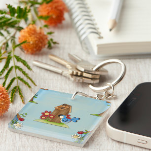 Sprookjesblauwe Vogel en Vogelnesthuis Cute Lente Sleutelhanger