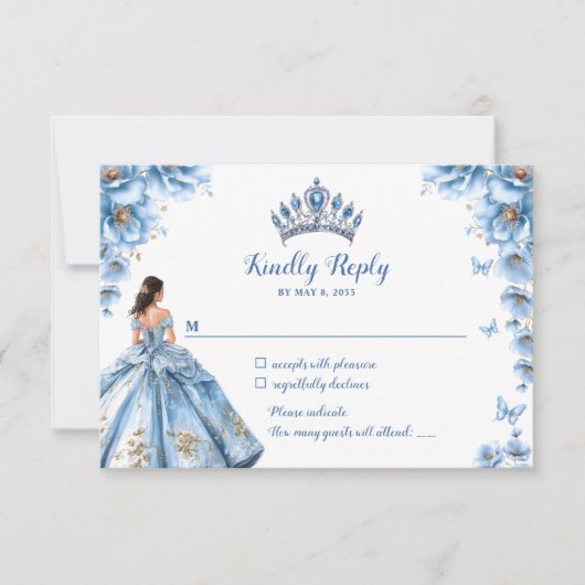 Sprookjesbloem Dusty Blue Princess Quinceañera RSVP Kaartje (Voorkant)