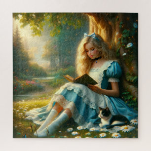 Sprookjesboek meisje lezend in een betoverd bos legpuzzel