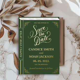 Sprookjesboekcover Groen Trouwen Save the Date Folie Uitnodiging