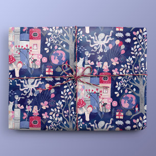 Sprookjesboeken en magische wezens blauw cadeaupapier