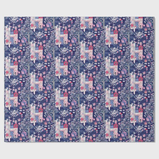 Sprookjesboeken en magische wezens blauw cadeaupapier (Vlak)