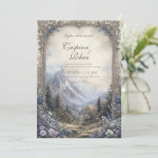 Sprookjesbos kasteel bruiloft kaart (Staand voorkant)