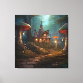 Sprookjesbos met paddenstoelen canvas afdruk