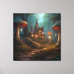 Sprookjesbos met paddenstoelen canvas afdruk