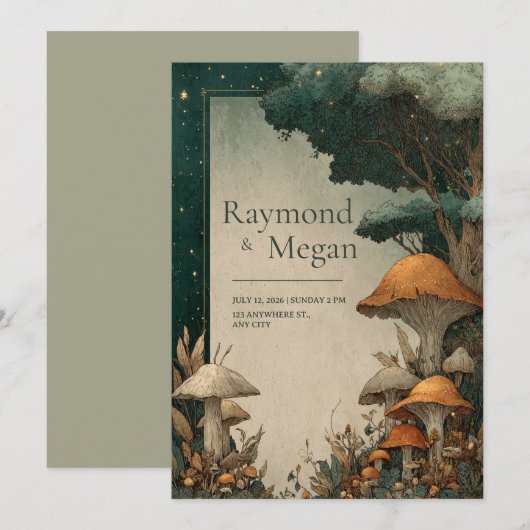 Sprookjesbos met paddenstoelen en bomen bruiloft kaart (Voorkant / Achterkant)