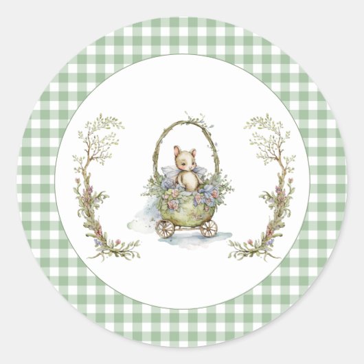 Sprookjesdier Groen Gingham Babyfeestje Ronde Sticker (Voorkant)