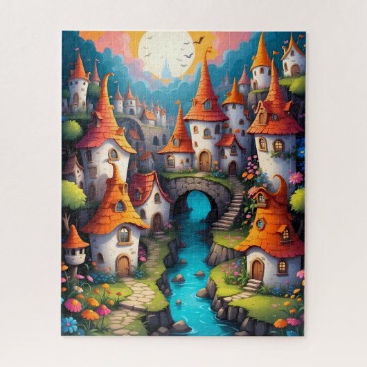 Sprookjesdorp met maanverlicht stroompje legpuzzel (Verticaal)