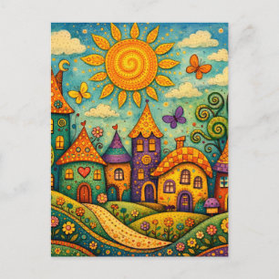 Sprookjesdorp vol fantasie Kleurrijk canvas kunstw Briefkaart