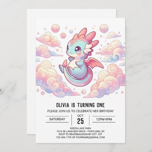 Sprookjesdraak 1e verjaardag kaart (Voorkant / Achterkant)