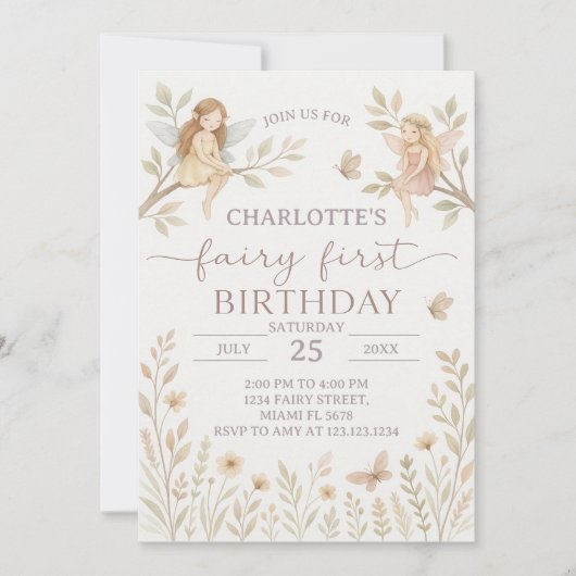 Sprookjesfee 1e verjaardagsuitnodiging kaart (Voorkant)