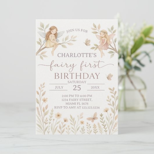 Sprookjesfee 1e verjaardagsuitnodiging kaart (Staand voorkant)