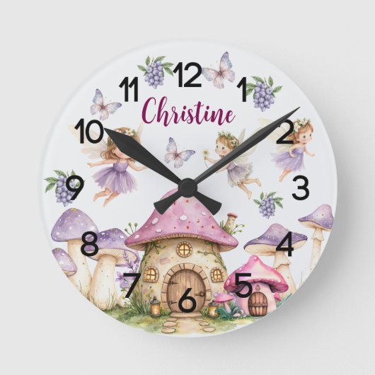 Sprookjesfeeën met eigen naam Roze Paddenstoelen Ronde Klok (Voorkant)