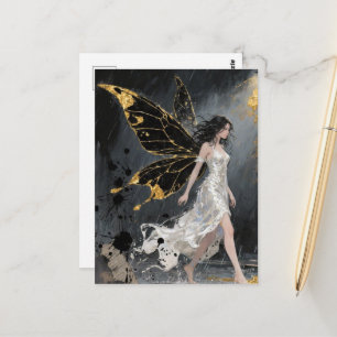 Sprookjesfiguur loopt in de regen met gouden en zw briefkaart