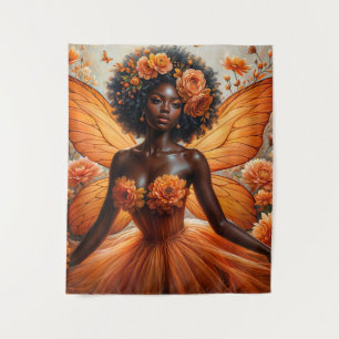 Sprookjesfiguur Met Donkere Huid In Oranje Bloemen Wandkleed