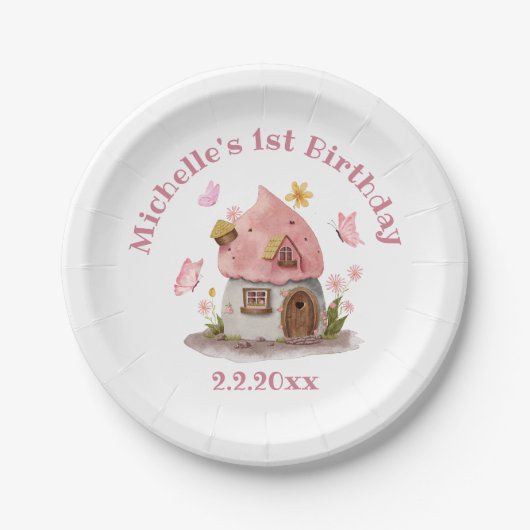 Sprookjeshuis 1e verjaardag roze schattig chic papieren bordje (Voorkant)