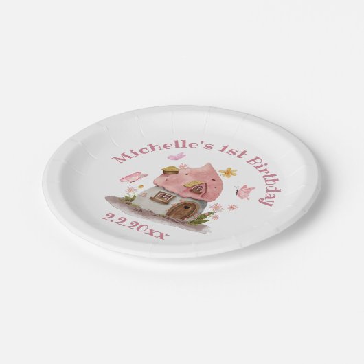 Sprookjeshuis 1e verjaardag roze schattig chic papieren bordje (Gekanteld)