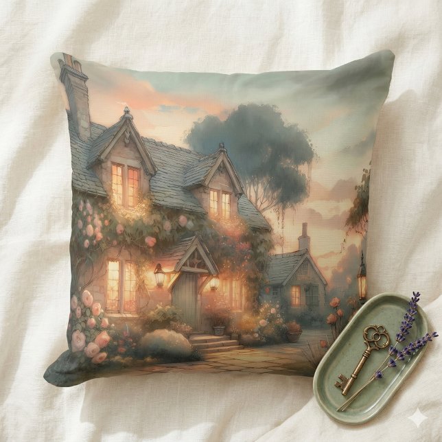 Sprookjeshuis bij zonsondergang met rozen kussen (Fairytale Cottage at Sunset with Roses Throw Pillow Mockup A)