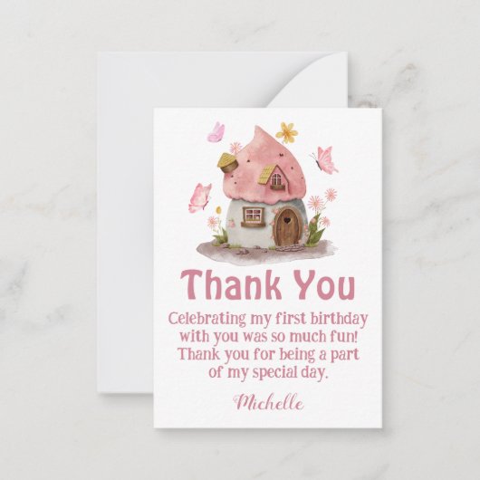 sprookjeshuis dank je meisje verjaardag roze notitiekaartje (Voorkant)