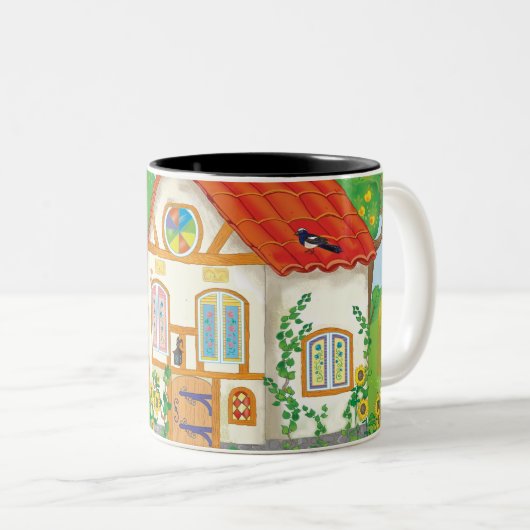 sprookjeshuis met rood dak en cartoon tweekleurige koffiemok (Voorkant rechts)