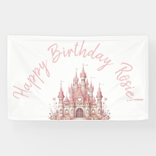 Sprookjeskasteel meisje roze gepersonaliseerde par spandoek (Horizontaal)