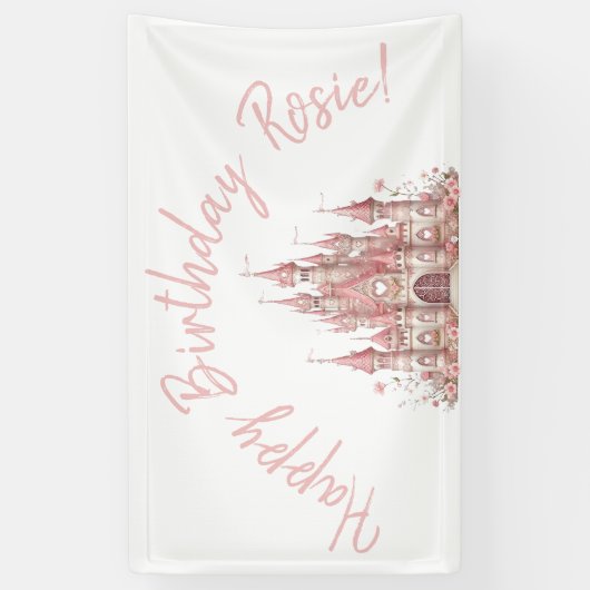 Sprookjeskasteel meisje roze gepersonaliseerde par spandoek (Verticaal)