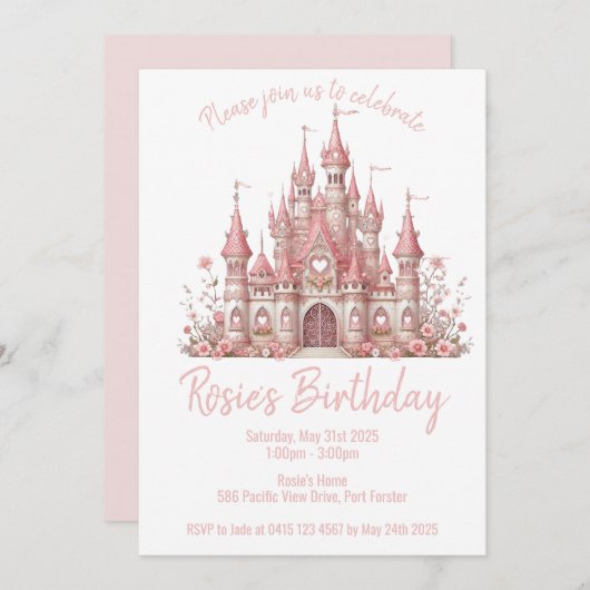 Sprookjeskasteel meisje roze verjaardagsfeestje kaart (Voorkant / Achterkant)