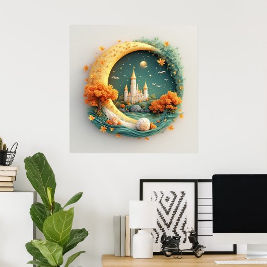 Sprookjeskasteel omringd door seizoensbomen poster (Thuiskantoor)
