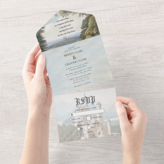  Sprookjeskasteel rustieke bos bruiloft All In One Uitnodiging (Afscheurbaar)