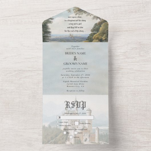  Sprookjeskasteel rustieke bos bruiloft All In One Uitnodiging (Binnen)