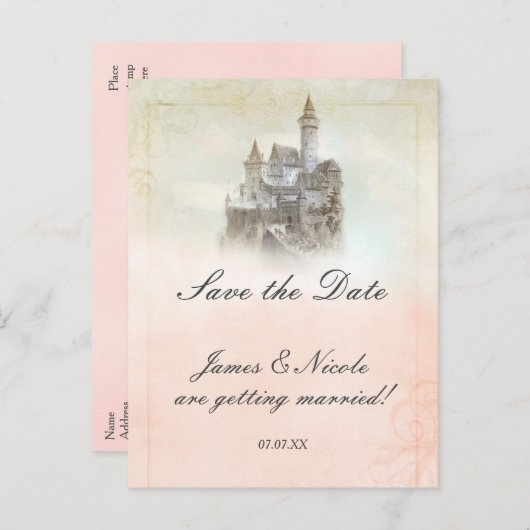 Sprookjeskasteel Storybook Save the Date Briefkaar Aankondigingskaart (Voorkant / Achterkant)