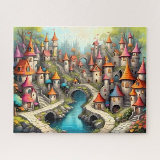 Sprookjeskasteeldorp aan de turkooizen rivier legpuzzel (Horizontaal)