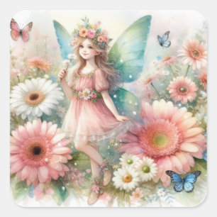 Sprookjesland met bloemen waterverf vierkante sticker