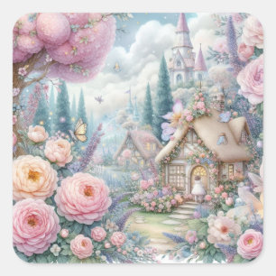 Sprookjesland met bloemen waterverf vierkante sticker