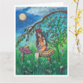 Sprookjeslezer zittend op paddestoelkunst kaart (Gele Bloem)