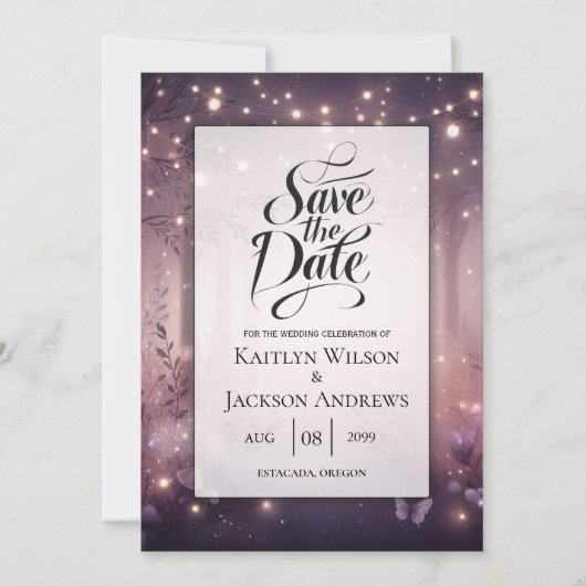 Sprookjeslichtjes in bosgloed bruiloft save the date (Voorkant)