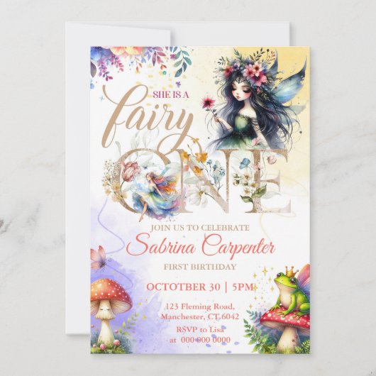 Sprookjesmeisje 1e verjaardagsuitnodiging kaart (Voorkant)