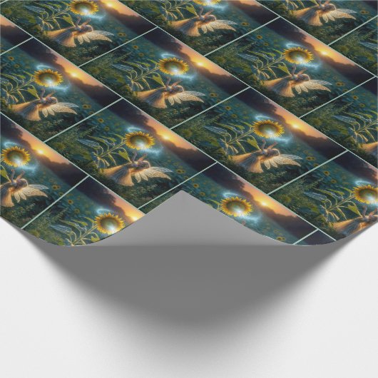 Sprookjesmeisje dat een spreuk op een zonnebloem w cadeaupapier (Hoek)