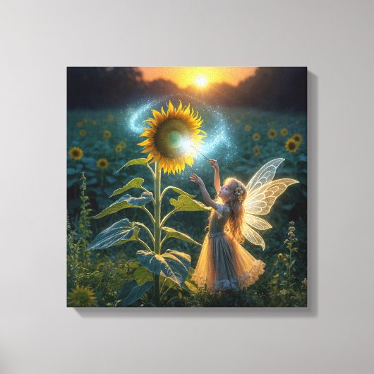 Sprookjesmeisje dat een spreuk op een zonnebloem w canvas afdruk (Voorkant)
