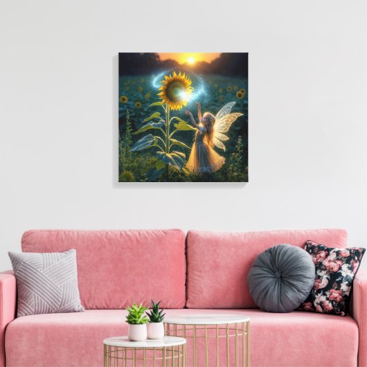 Sprookjesmeisje dat een spreuk op een zonnebloem w canvas afdruk (Insitu (Woonkamer))