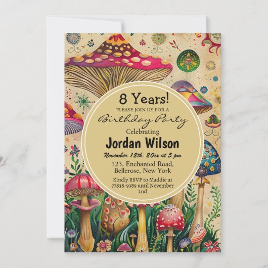 Sprookjespaddenstoelen 8e verjaardagsfeest kaart (Voorkant)