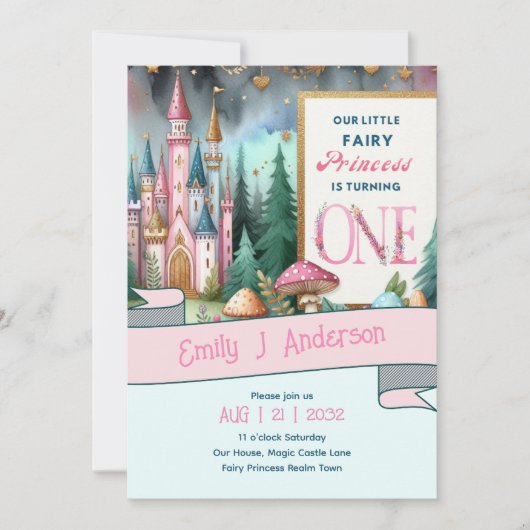 Sprookjesprinses 1e verjaardag EEN Roze Fairycore Kaart (Voorkant)