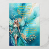 Sprookjesprinses blauwgroen gouden mythisch sprook folie uitnodiging (Voorkant)